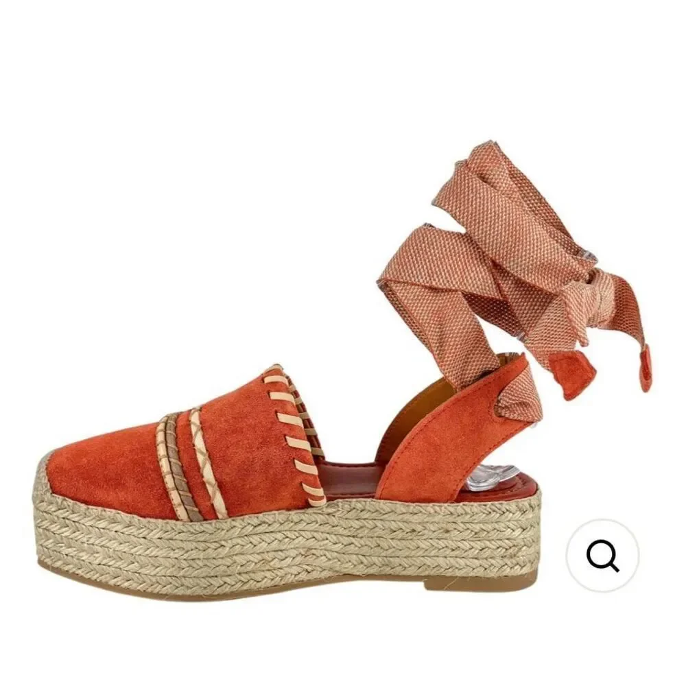 Ulla Johnson Terracotta Suede Platform Espadrille Flats with Ankle Tie